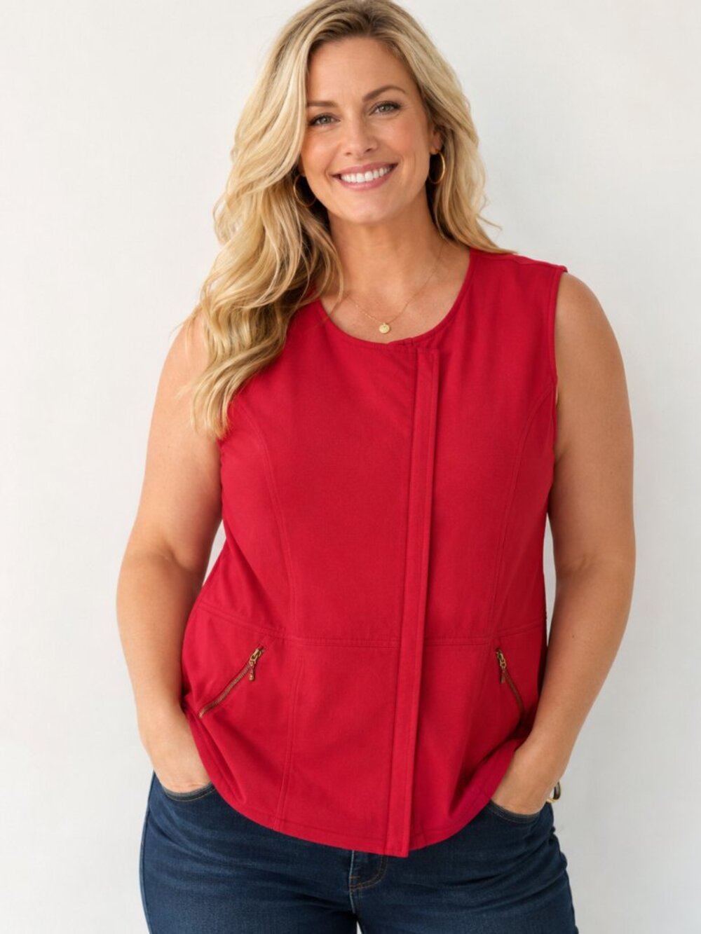 Nygård Women’s Red Sleeveless Peplum Zip Front Top Size Large